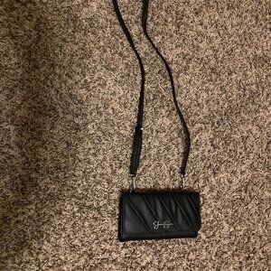 Jessica Simpson Black Clutch Purse 6 Inches Shoulder Strap Card Holder Trifold